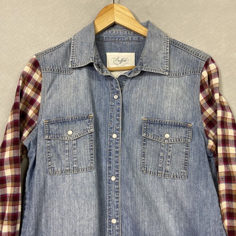 Buffalo Jeans Women L Denim Shirt Blue Flannel Sleeves Pearl Snap Up